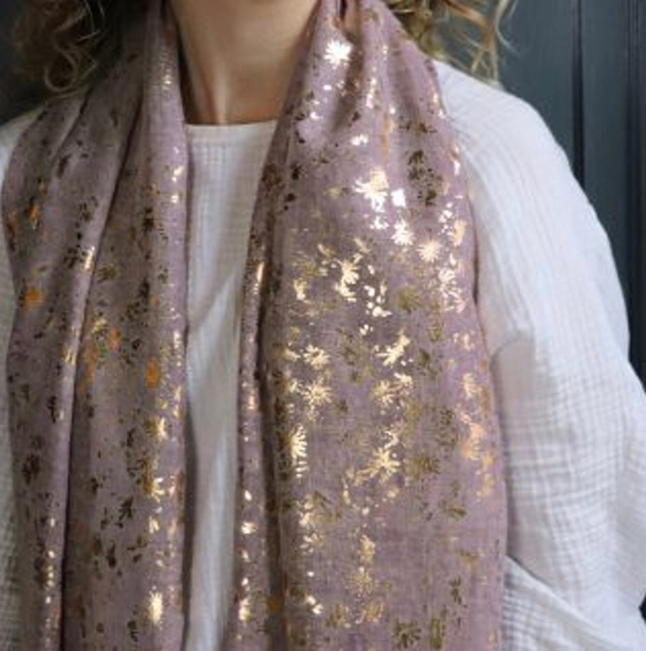 Mocha and rose gold scattered leaf print scarf