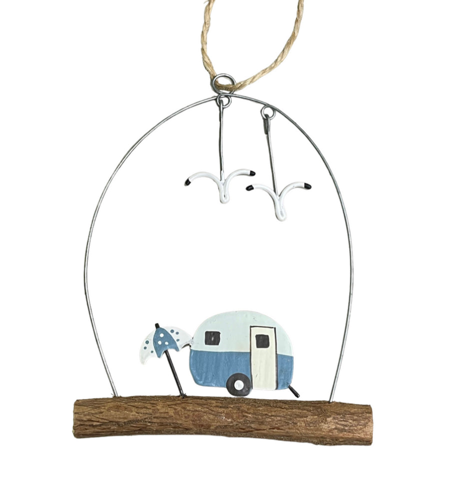 Retro caravan on the beach hanging decoration by Shoeles Joe