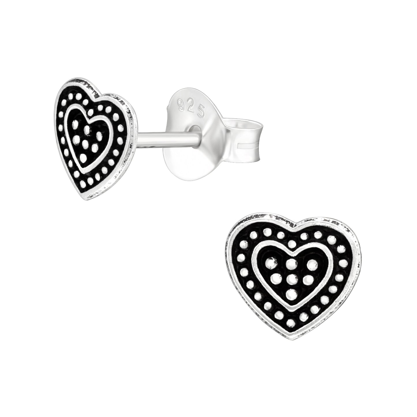 Detailed heart sterling silver stud earrings