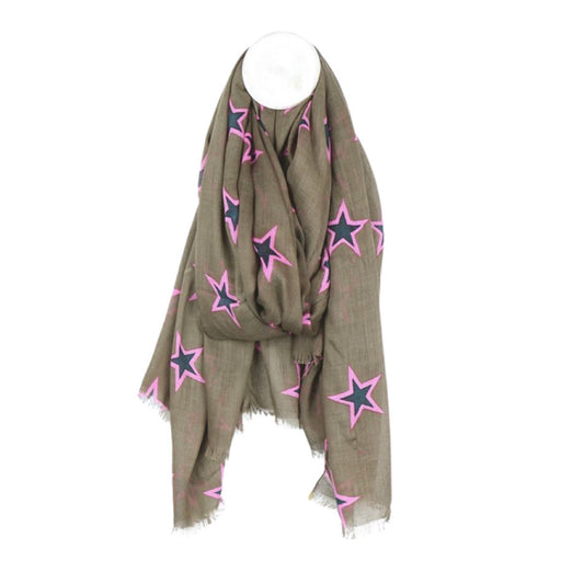 Khaki, navy and pink star print scarf/ sarong