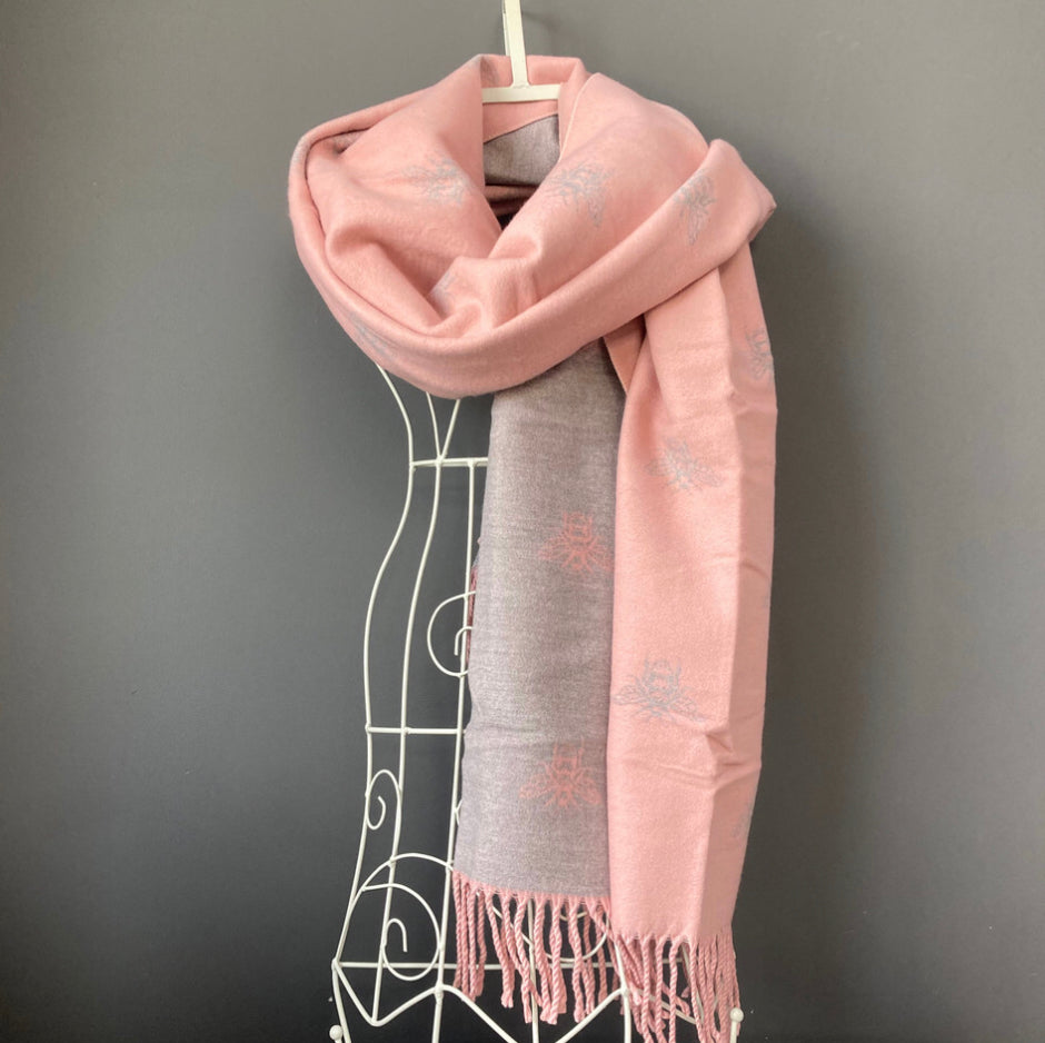 Pale pink/grey bee print soft large scarf/wrap by POM