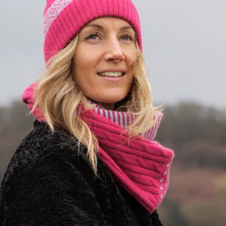 Magenta stripe, scandi and cable knit snood