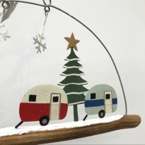 3 festive retro caravans.  Hanging Christmas decoration by shoeless joe