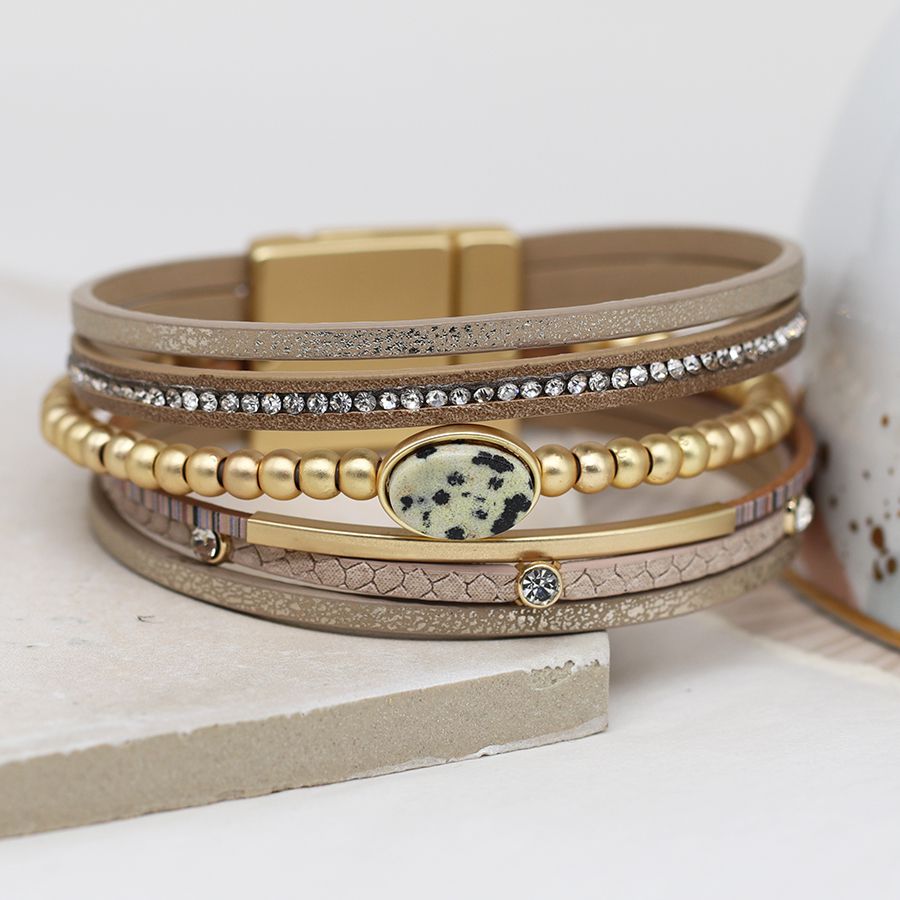 Golden mix leather bracelet with crystals and Dalmatian Jasper