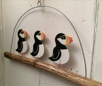 3 puffins in sunglasses on driftwood hanging decoration by Shoeless Joe