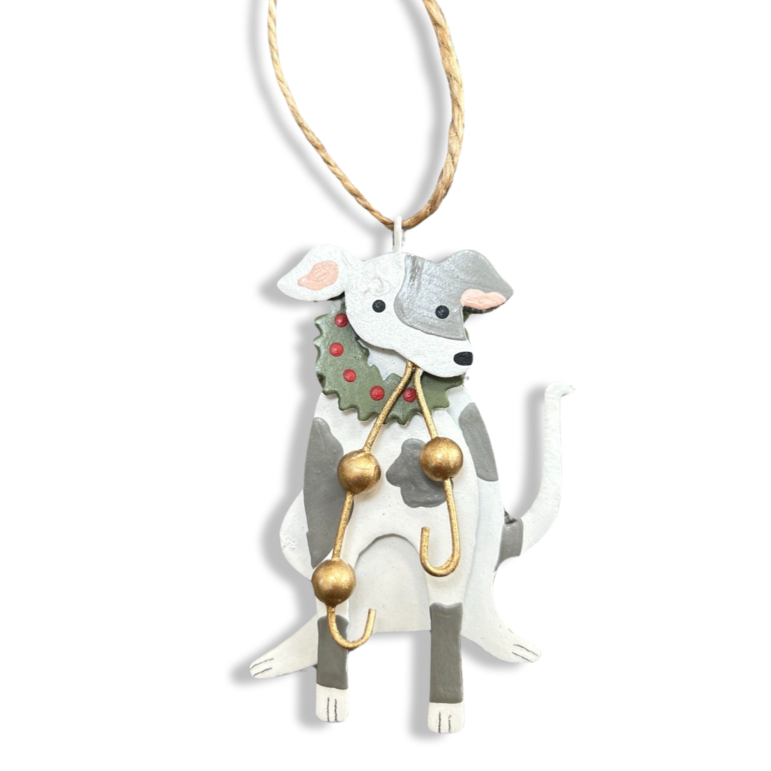 Dog with wreath and baubles Christmas tree ornament