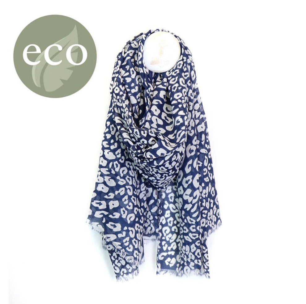 White and navy blue cotton animal print scarf by POM