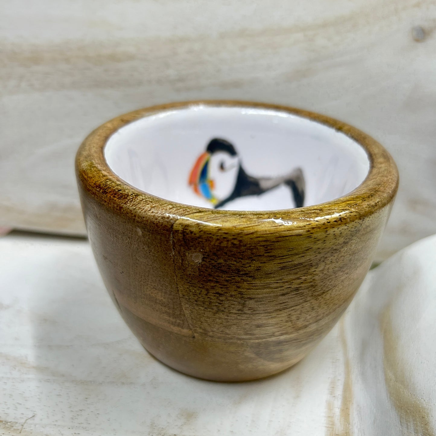 Puffin mango wood nut bowl (10cm) by Shoeless Joe