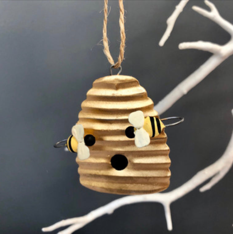 Gold bee hive hanging decoration by shoeless Joe