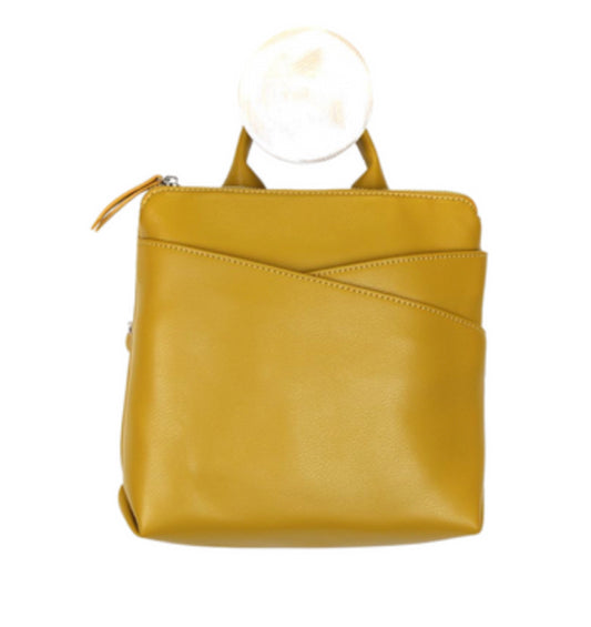 Mustard vegan leather crossover backpack by POM