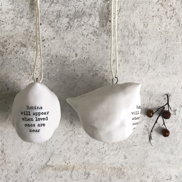 Robins will appear when loved ones are near. White porcelain robin hanging decoration