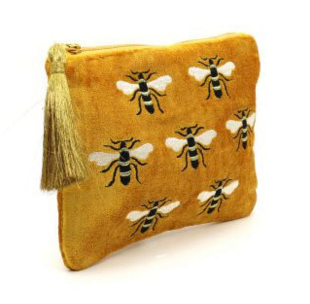 Mustard velvet embroidered bee small make up pouch/bag by POM