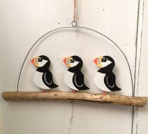3 puffins in sunglasses on driftwood hanging decoration by Shoeless Joe