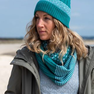 Teal stripe, scandi and cable knit snood