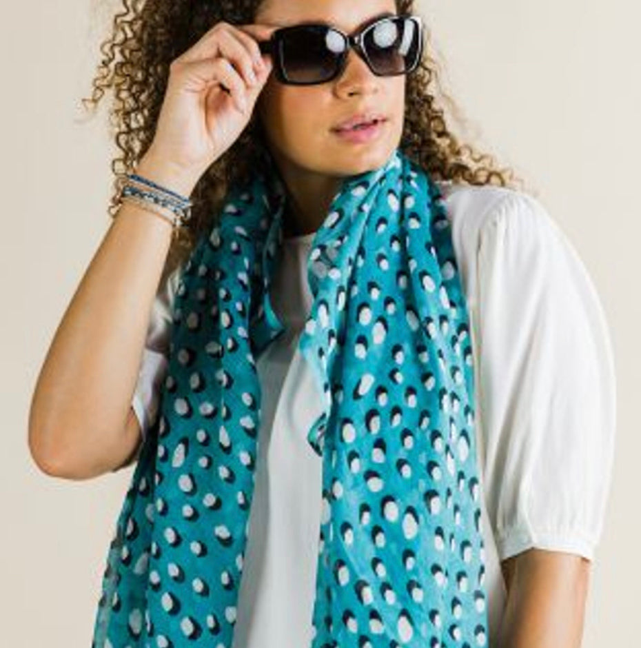 Teal scarf with white dot and shadow print by POM