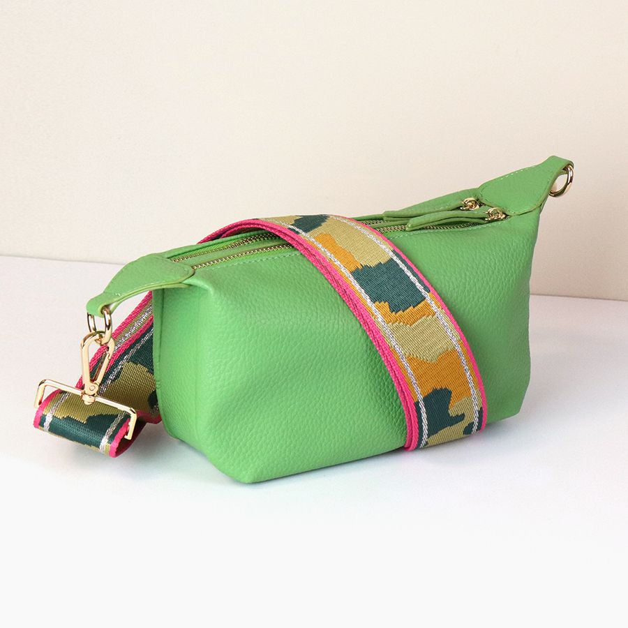 Pea green Vegan Leather double zip bag with  removable bright camo strap