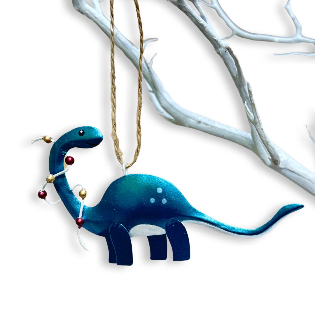 Brachiosaurus dinosaur with Christmas baubles hanging Christmas tree ornament