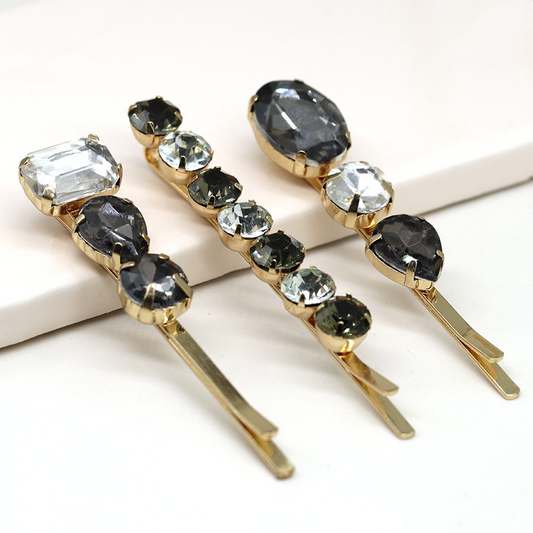 Grey glass crystal hair slides