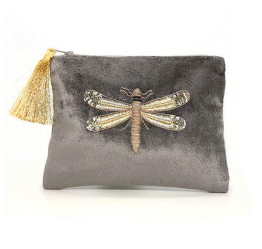 Grey velvet pouch with embellished dragonfly by POM