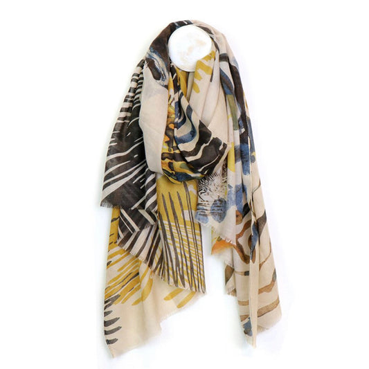 Yellow mix scarf with oversize zebra print