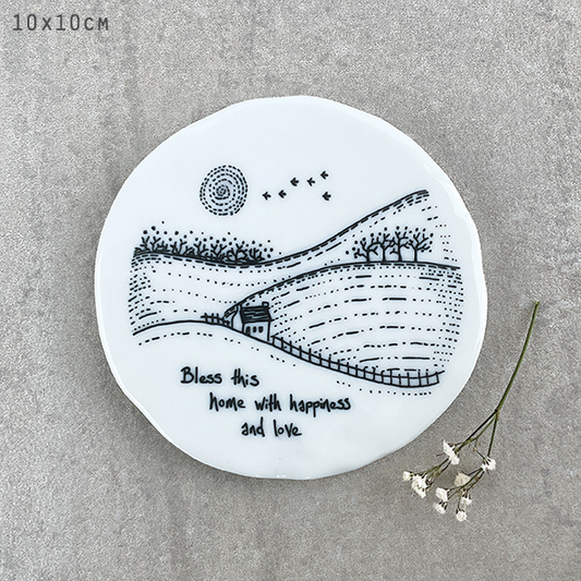 East of India round china coaster Bless this home with happiness and love