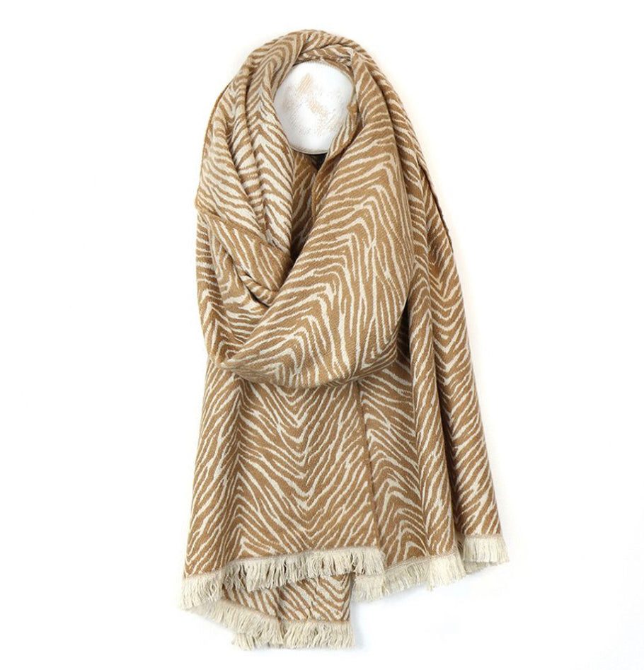 Rich camel reversible jacquard zebra stripe scarf by POM