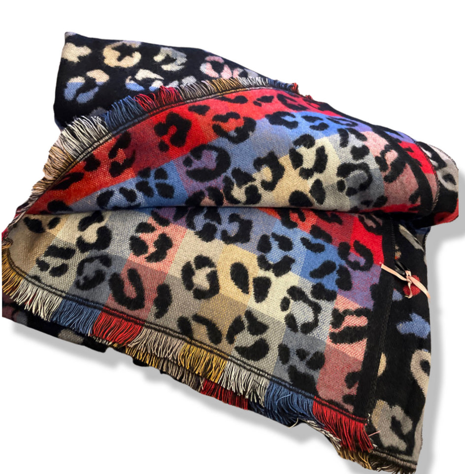Multi coloured animal print scarf/ wrap in black