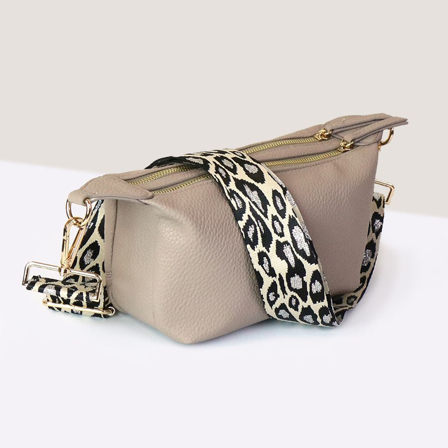 Fawn Vegan Leather double zip bag with animal print removable strap