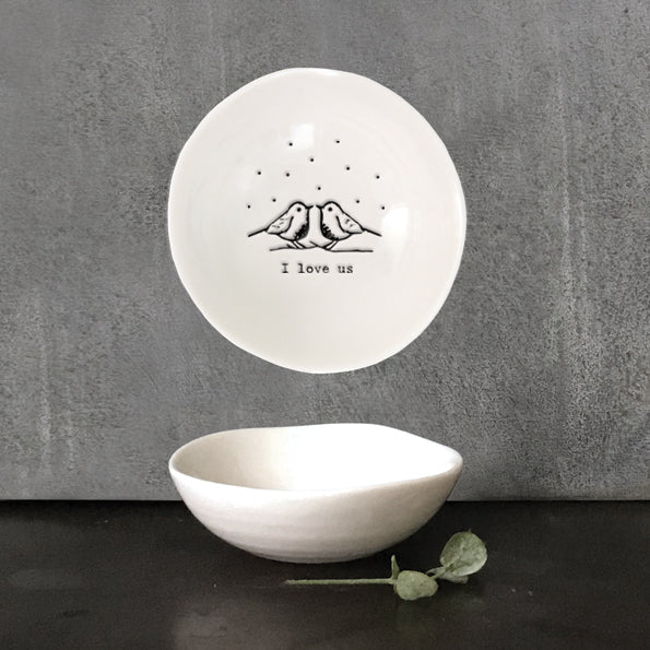 I love us' small trinket dish with robins by East of India