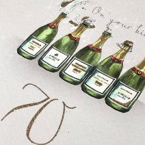 70th Birthday card . Bottles of champagne