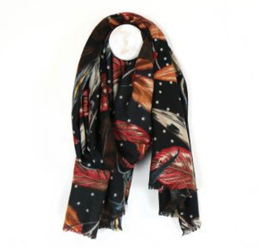 Red mix leaf and dot print scarf- black