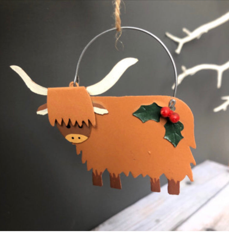 Highland coo festive cow hanging Christmas decoration by Shoeless Joe