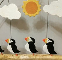 5 puffins in the sun hanging decoration by Shoeless Joe