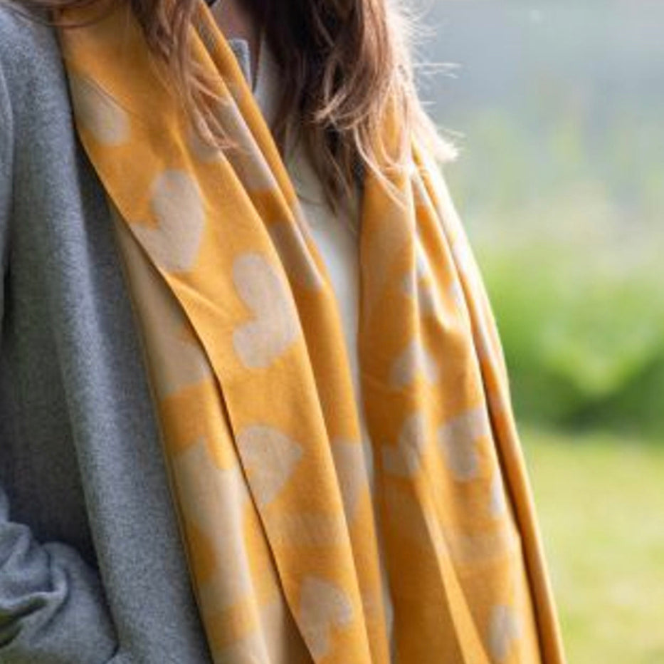 Yellow jacquard hearts reversible scarf/ wrap by POM