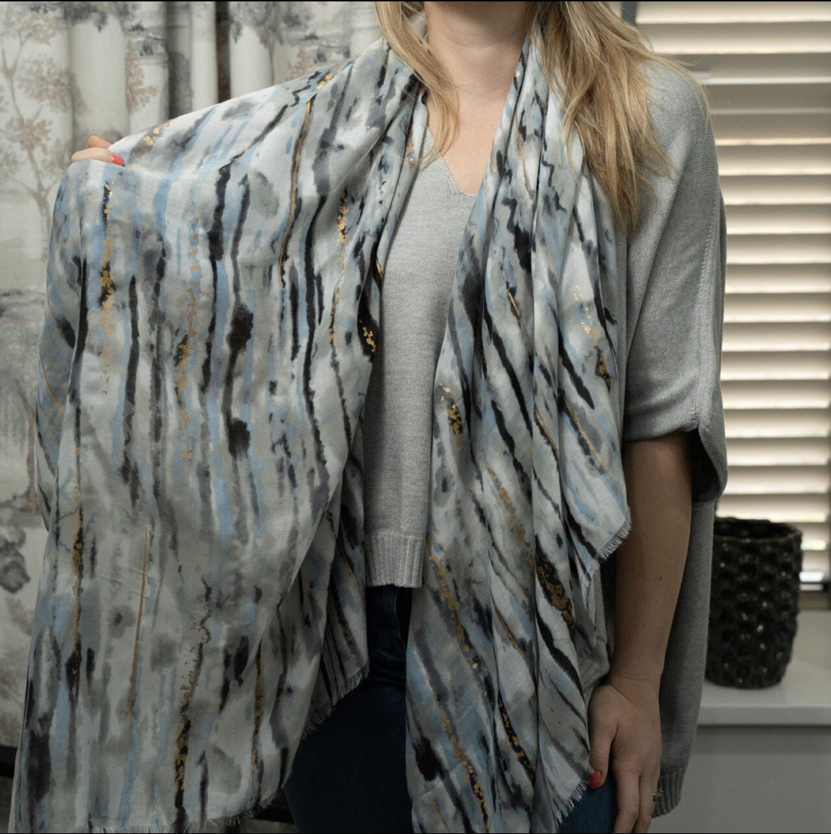 Grey, blue & gold brush stroke design light weight scarf