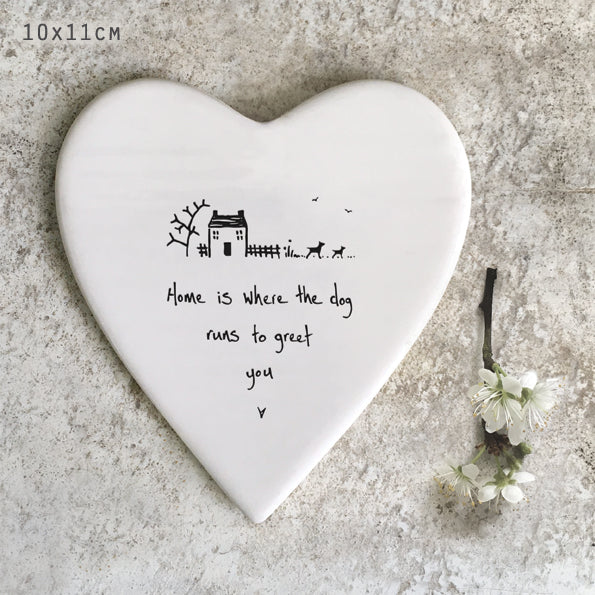 Home is where the dog runs to greet you ceramic heart coaster by East of India