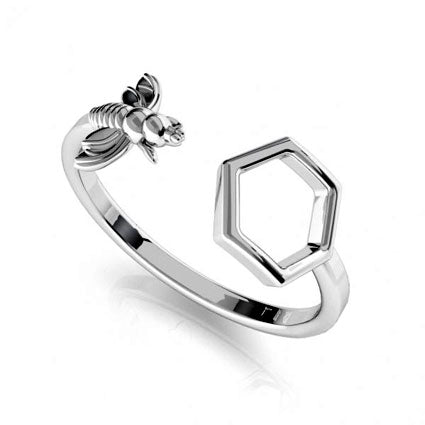 Bee and honeycomb adjustable ring. Sterling silver