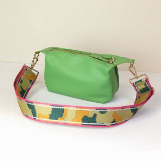 Pea green Vegan Leather double zip bag with  removable bright camo strap