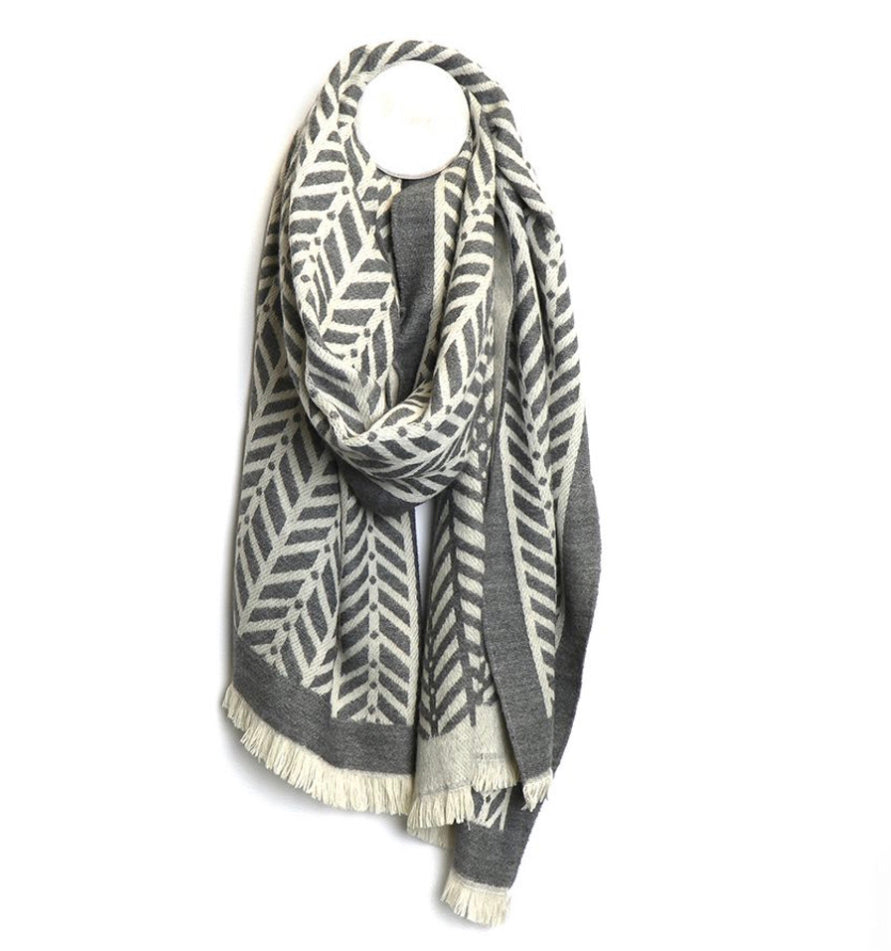 Grey and ecru chevron reversible scarf by piece of mind.