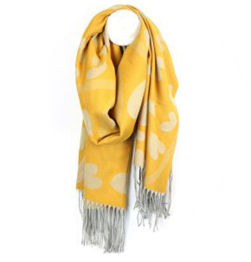 Yellow jacquard hearts reversible scarf/ wrap by POM