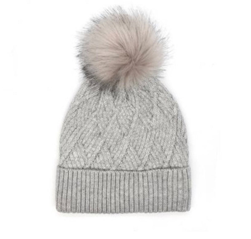Grey diamond knit hat with faux fur bobble By Pom