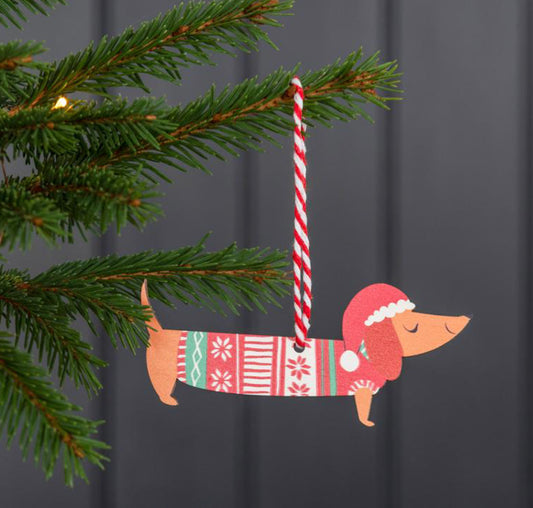 Wooden sausage dog Christmas decoration