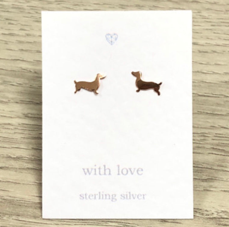 Dachshund rose gold plate, sterling silver stud earrings.Sausage dog.