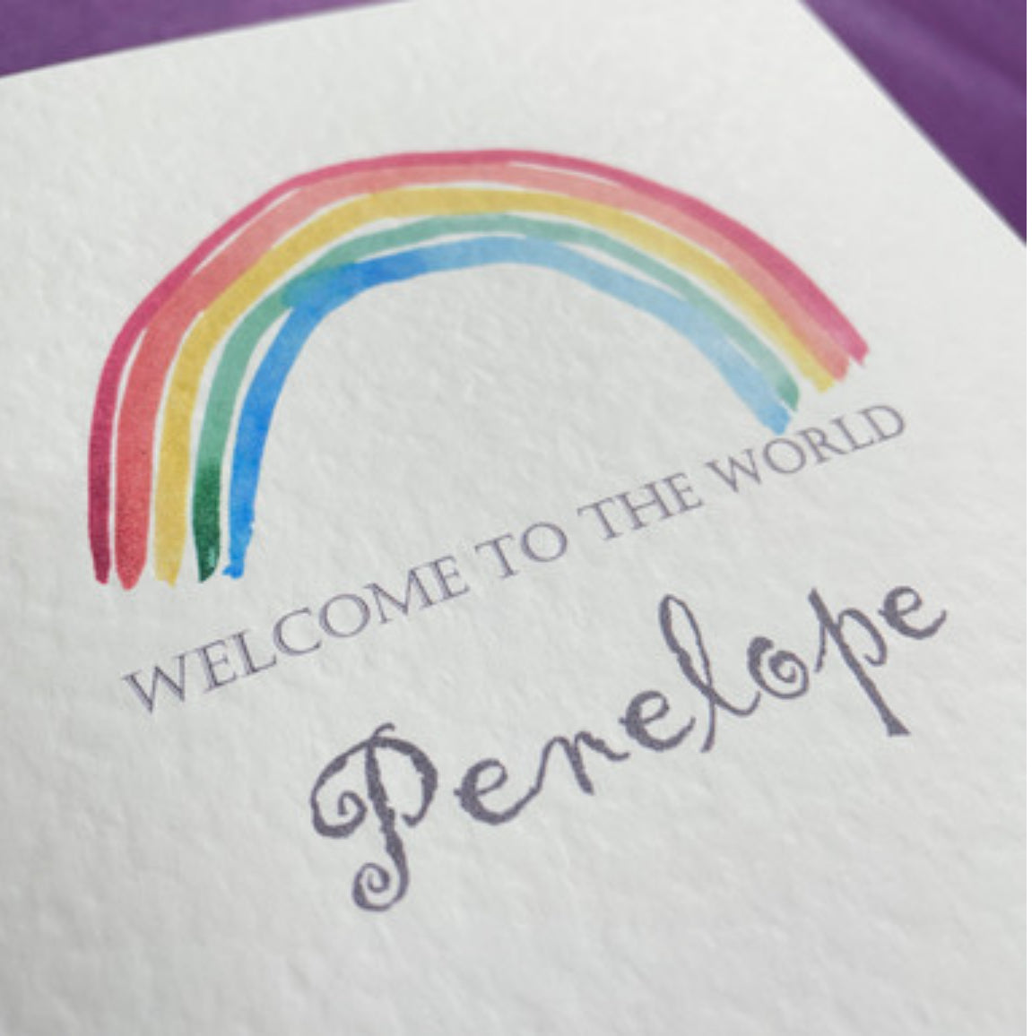 Welcome to the world personalised new baby name rainbow card.