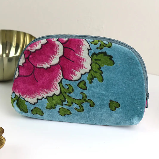 Blue and pink mix printed velvet botanical make-up bag