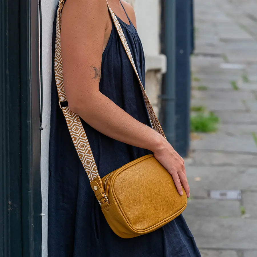 Mustard Ochre vegan leather camera handbag with diamond strap