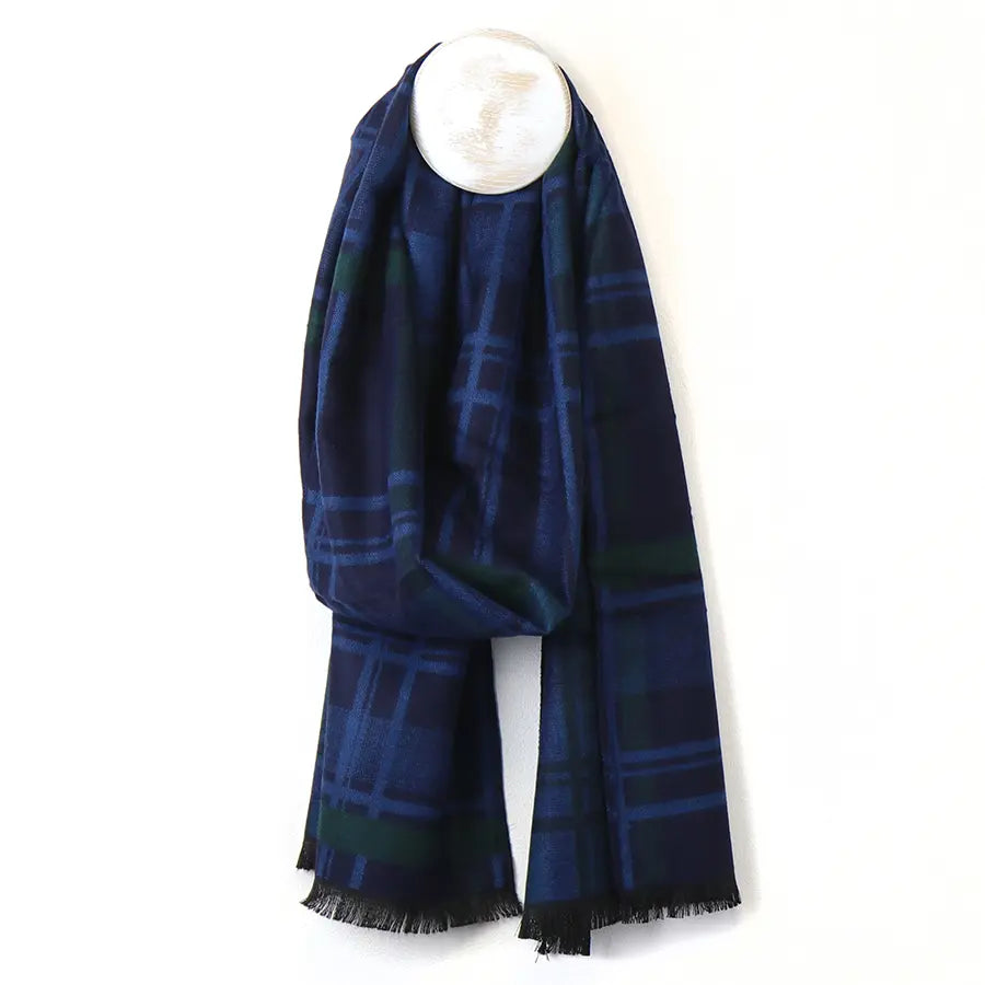 Blue and green classic check scarf for men