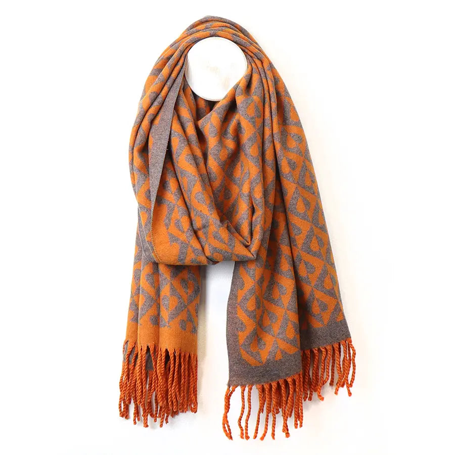 Orange mix geo heart jacquard scarf with tassels