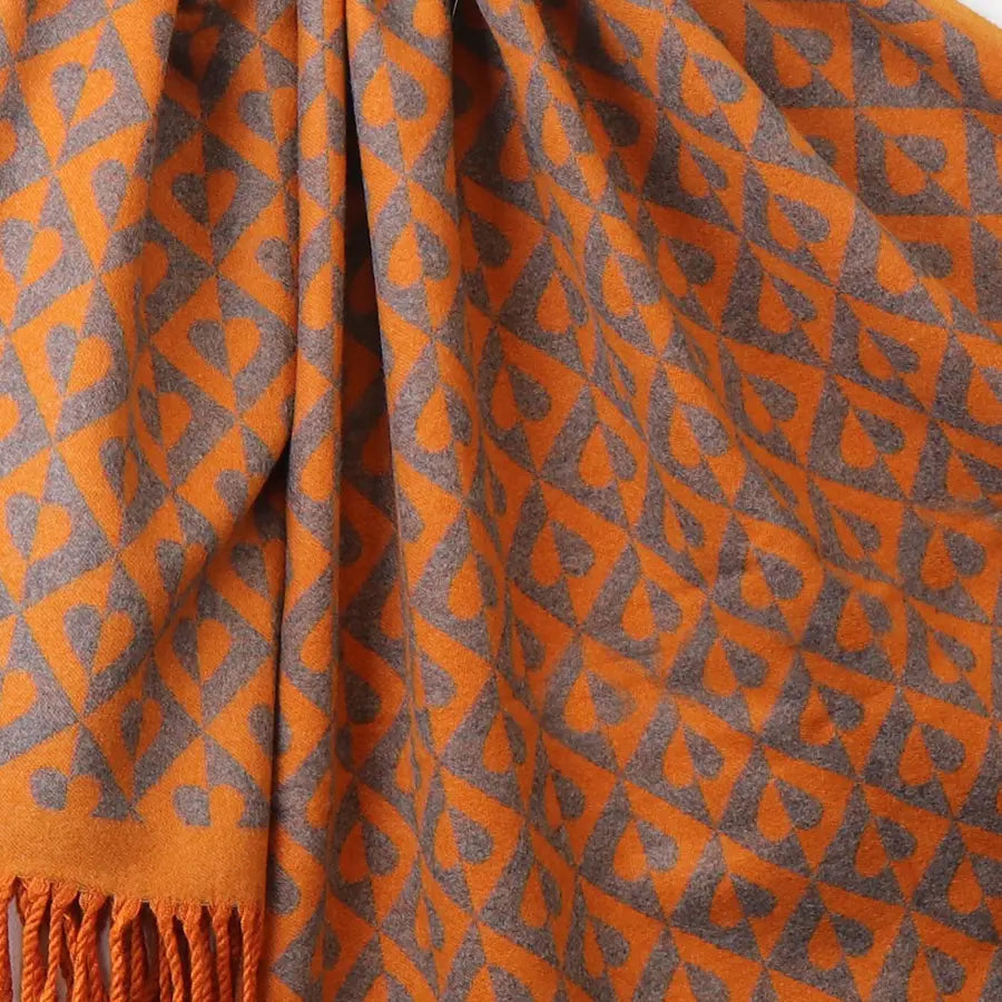 Orange mix geo heart jacquard scarf with tassels