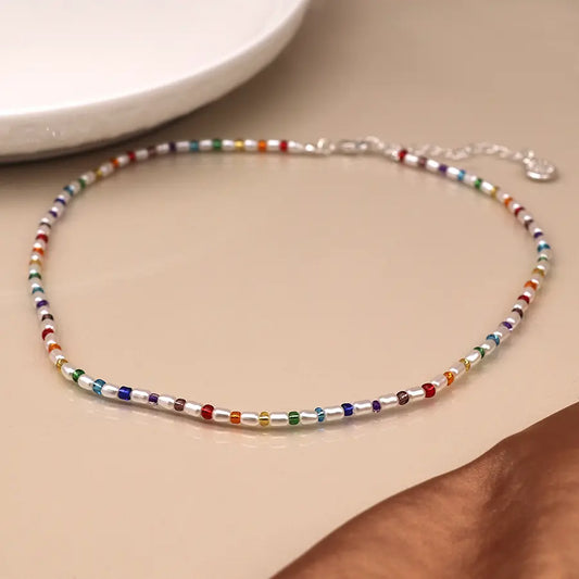 Ivory pearl and rainbow bead necklace